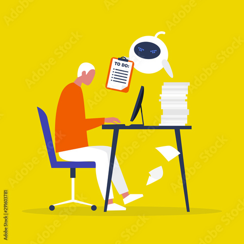 Exploiter. Angry robot showing a to do list to a tired employee.  Authority. Technologies. Exploitation at work. Human rights. Artificial intelligence. Flat editable vector illustration. Concept.