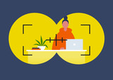 Headhunting. Binoculars view. Employment. Internet stalking. Young female character working on a computer. Flat editable vector illustration, clip art