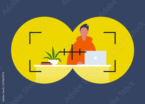 Headhunting. Binoculars view. Employment. Internet stalking. Young male character working on a computer. Flat editable vector illustration, clip art