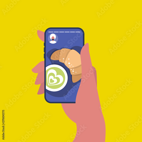 Social media content. Food blog. Breakfast, top view: matcha green tea and croissant. Cafe. Flat editable vector illustration. Hand holding a smartphone. Millennial lifestyle