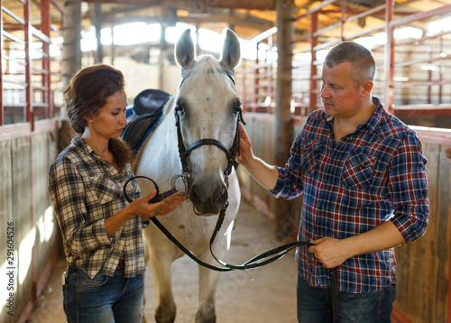 Smiling couple with white horse standing at stabling indoor