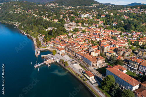 Aerial view of Luino  is a small town on the shore of Lake Maggiore in province of Varese  Italy.