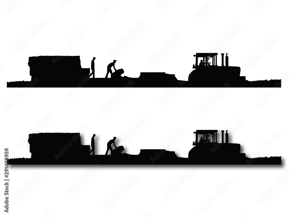 Fototapeta Black and white Silhouettes of a tractor pulling a baler and wagon in a field of straw or hay with two men working on the wagon. One with a drop shadow and one without.