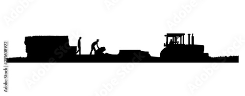 EPS8 Vector. Black and white Silhouettes of a tractor pulling a baler and wagon in a field of straw or hay with two men working on the wagon.  One with a drop shadow and one without.