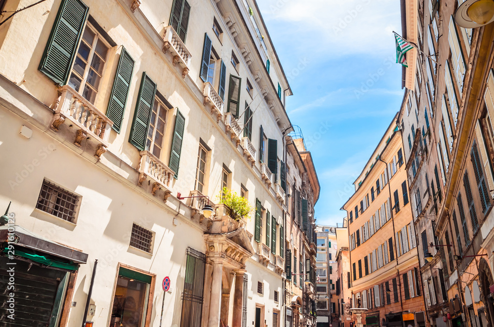 Beautiful cozy streets of Genoa in  summer day, Liguria, Italy