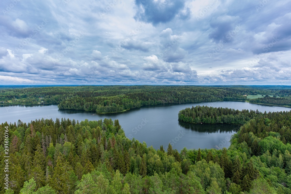  Nature background.  Finland. Aulanko. Beautiful autumn landscape. Autumn forest. Aerial view.