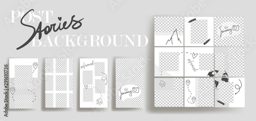  Design backgrounds for social media banner.Set of instagram stories and post frame templates.Vector cover. Mockup for personal blog or shop.Layout for promotion.Endless square puzzle.