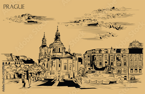 Beige vector hand drawing Prague 4