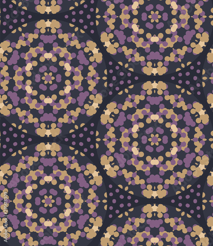 Moody wax print daisy flower background. Seamless pattern with golden bleached resist background. Irregular purple dip dyed batik textile. Variegated color in indonesia style trendy fashion all over.