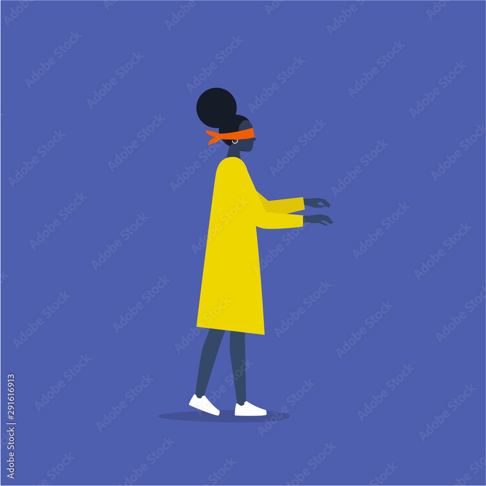 Young black female blindfolded character walking in the dark Young black female blindfolded character walking in the dark