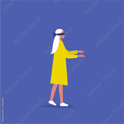 Young female blindfolded character walking in the dark. Side view. Business risks. Lack of information. Flat editable vector illustration, clip art