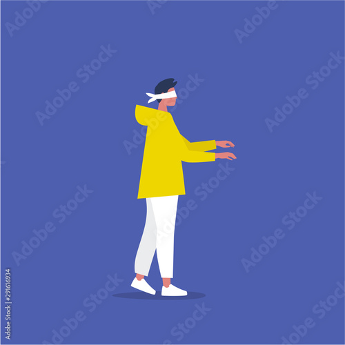 Young blindfolded character walking in the dark. Side view. Business risks. Lack of information. Flat editable vector illustration, clip art