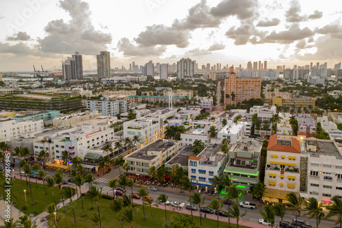 Aerial photo art deco hotels on Ocean Drive no logos