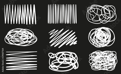Hand drawn abstract shapes on black. Grungy hatching backgrounds with array of lines. Stroke chaotic patterns. Black and white illustration. Sketchy elements for design