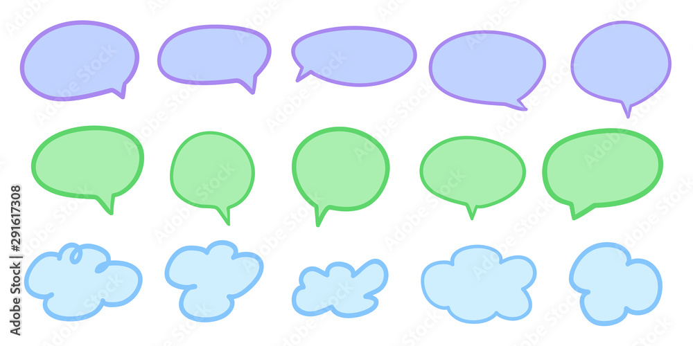 Set of hand drawn colored think and talk speech bubbles on white. Abstract clouds on isolation background. Sketchy doodles Set of hand drawn colored think and talk speech bubbles on white. Abstract clouds on isolation background. Sketchy doodles