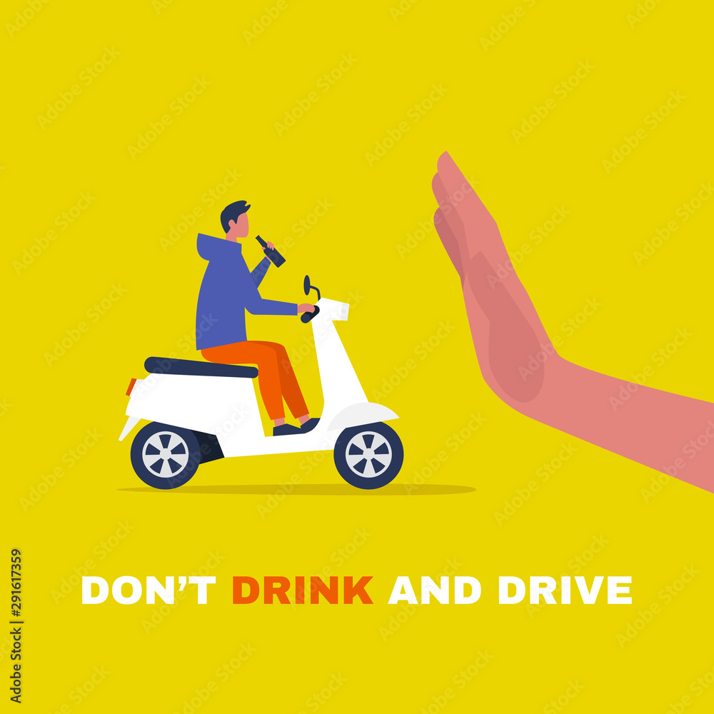 Young male character driving a motor scooter and holding a bottle of beer. Law violation. Stop hand gesture. Flat editable vector illustration, clip art