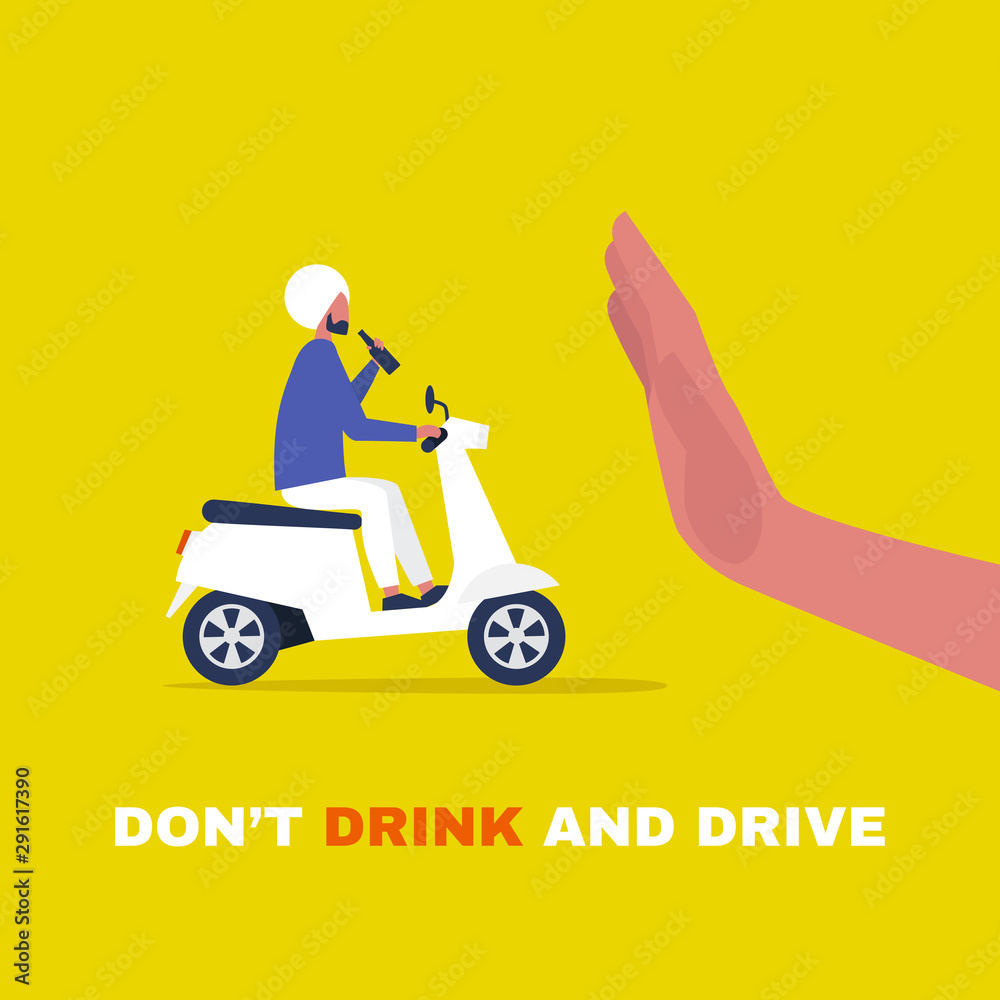 Young indian male character driving a motor scooter and holding a bottle of beer. Law violation. Stop hand gesture. Flat editable vector illustration, clip art Young indian male character driving a motor scooter and holding a bottle of beer. Law violation. Stop hand gesture. Flat editable vector illustration, clip art