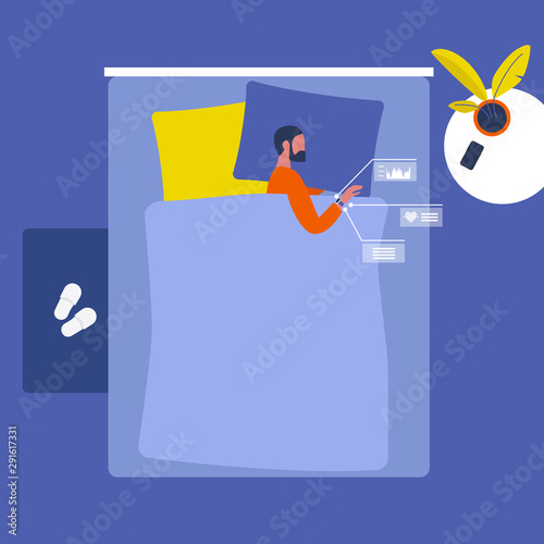 Young indian male character sleeping in a gueen bed. Smart watch sleep control. Gadgets. Top view. Interior design. Flat editable vector illustration, clip art