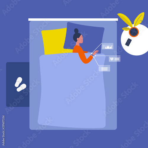Young female character sleeping in a gueen bed. Smart watch sleep control. Gadgets. Top view. Interior design. Flat editable vector illustration, clip art