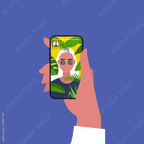 Social media content. Travel. Tropical plants. A portrait of young female character on vacation. Flat editable vector illustration, clip art