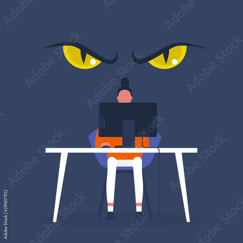 Cyber security. Virus. Data stealing. Big scary yellow eyes behind the character's back. Safety. Technologies. Danger. Young woman sitting at the computer