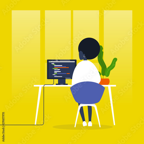 Web development. Young black female character writing a code on a desktop computer. Modern technologies. Tech industry. Startup. Flat editable vector illustration, clip art
