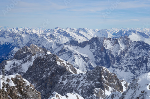 Alps  mountains  panoramic view from the top of the Zugspitze peak  Germany. It lies south of the town of Garmisch-Partenkirchen.                               