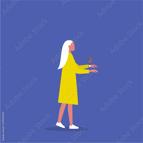 Young female character wearing smart watch