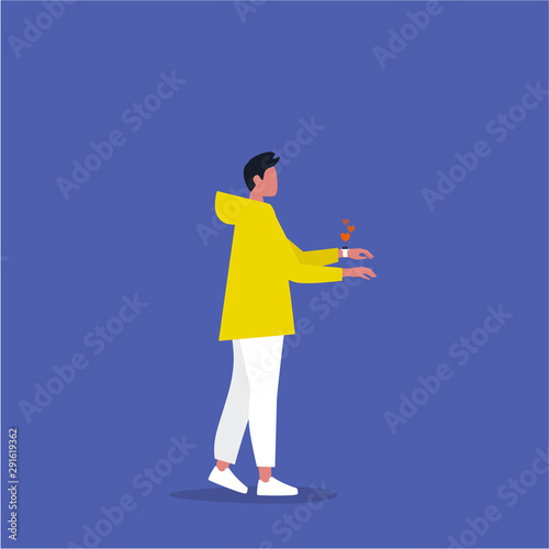 Addicted to social media. Likes. Young male character wearing smart watch. Zombie walk. Conceptual illustration. Millennial lifestyle