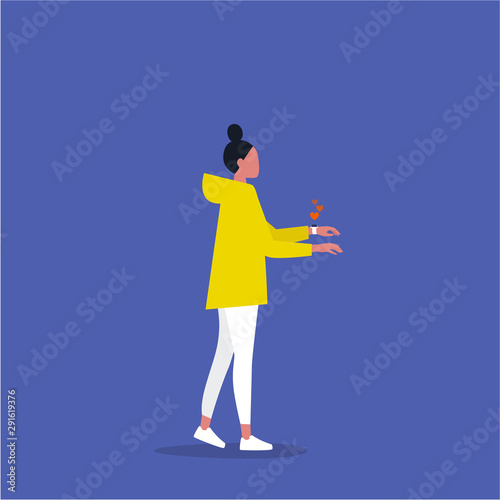 Addicted to social media. Likes. Young female character wearing smart watch. Zombie walk. Conceptual illustration. Millennial lifestyle