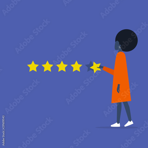 Five star rating. Young black female character rates a service. Ranking. Marketing. Customer feedback. Flat editable vector illustration, clip art