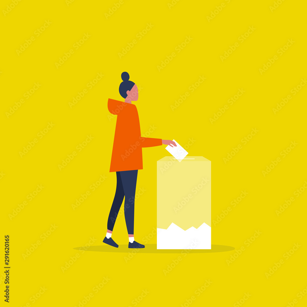 Transparent voting, conceptual illustration. Young female character participating in elections / flat editable vector illustration, clip art