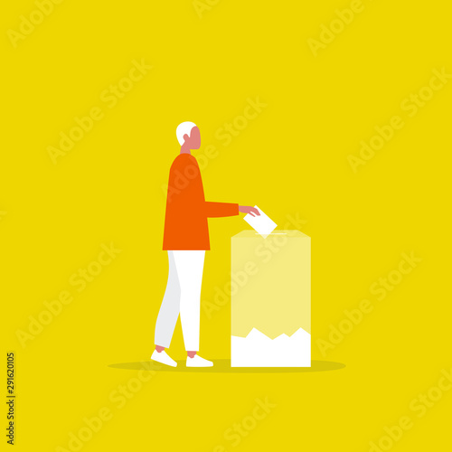 Transparent voting, conceptual illustration. Young male character participating in elections / flat editable vector illustration, clip art