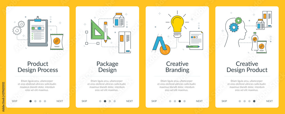 Design process, package design and creative branding icons for internet banner.