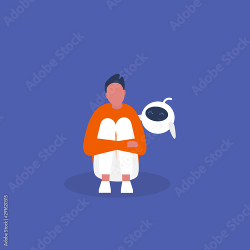 Cute robot consoling a sad character. Psychotherapy. New technologies. Human and artificial intelligence. Emotions. Flat editable vector illustration, clip art