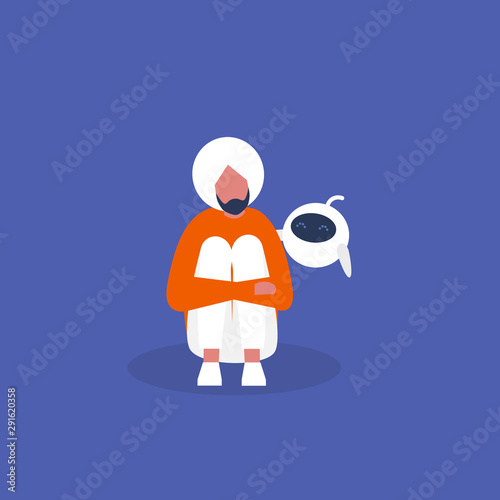 Cute robot consoling a sad indinan character. Psychotherapy. New technologies. Human and artificial intelligence. Emotions. Flat editable vector illustration, clip art photo