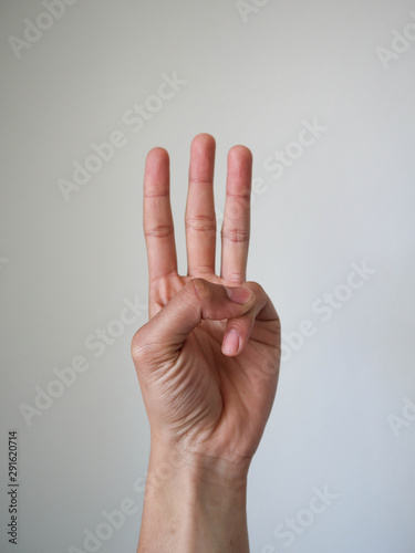 hand show three fingers on white background.