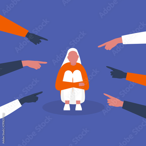 Bullying. Pointing fingers. Haters. Sexism. Crowd. Sad character hugging his knees. Aggression. Modern society. Flat editable vector illustration, clip art