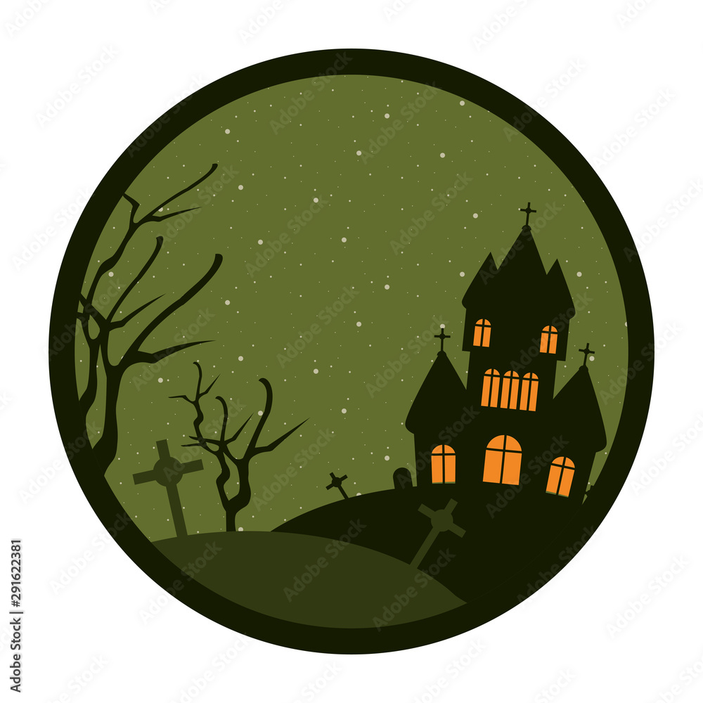 halloween dark castle and cemetery scene