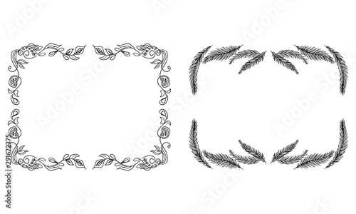 Tropical hand drawn floral frames. Outline set. Jungle foliage illustration. Floral set. Hand drawing. Vector isolated collection. Natural spring wedding card. Summer tropical leaf. Botanical frames