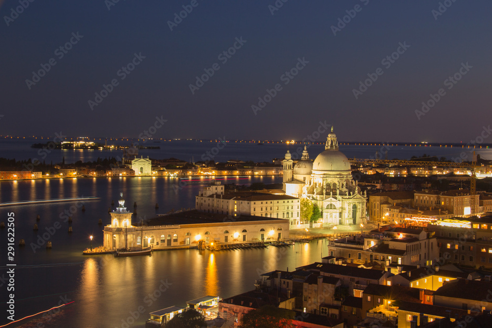 Beautiful views of Santa Maria della Salute and the Venetian lagoon in Venice, Italy