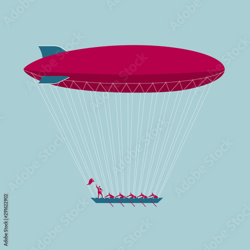 Airship and boat. Isolated on blue background.