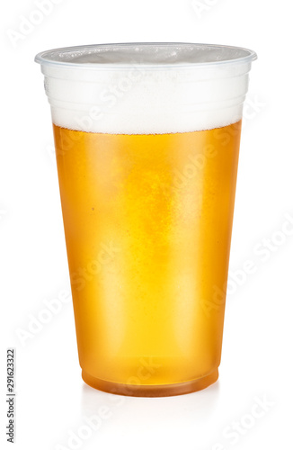 Beer, ale or lager in a plastic disposable cup isolated on white background
