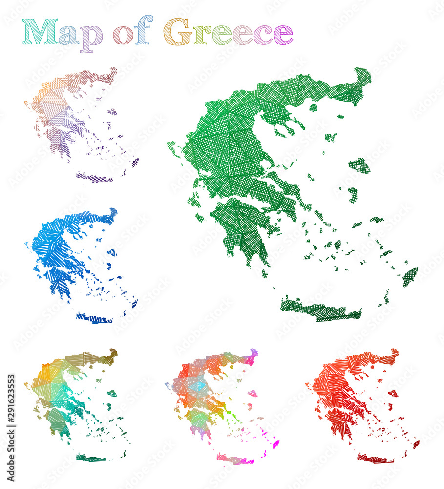 Hand-drawn map of Greece. Colorful country shape. Sketchy Greece maps collection. Vector illustration.