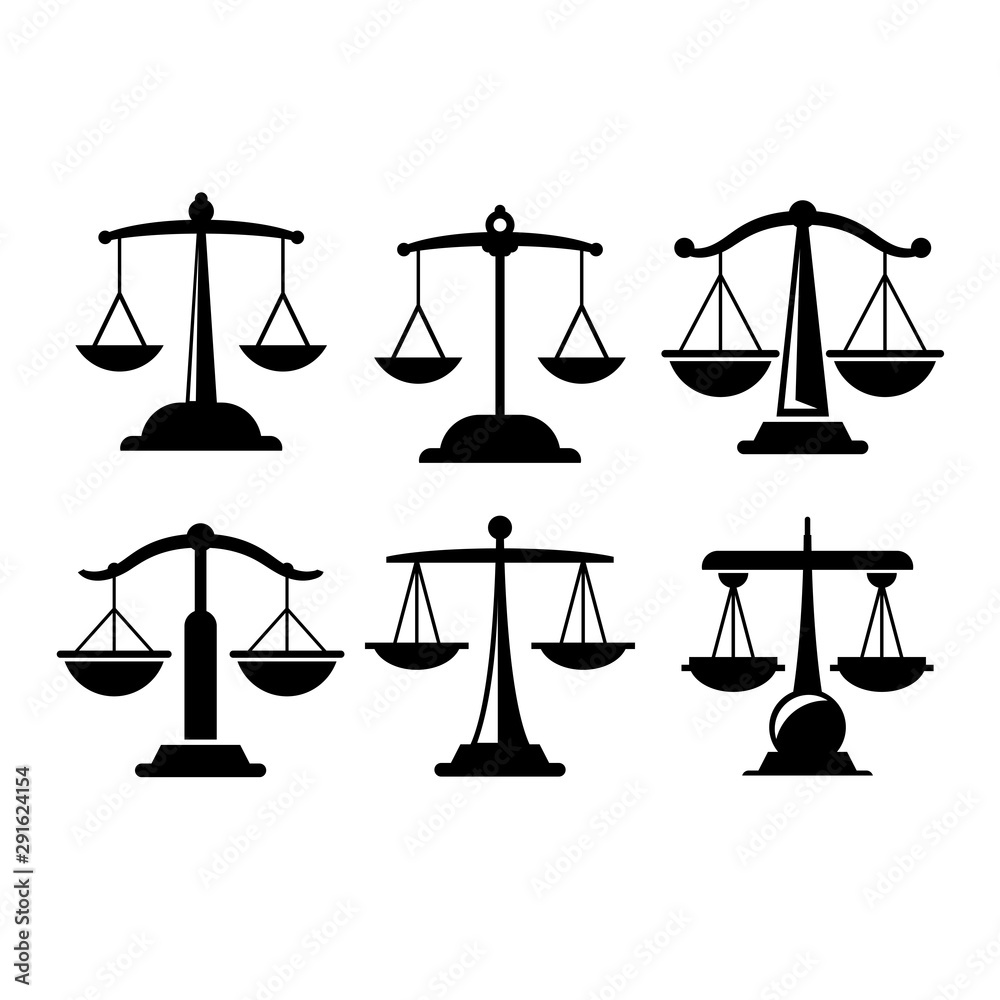 justice scale, balance scale icons set justice scale, balance scale icons set