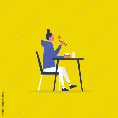 Hot spicy asian food. Fastfood to go. Noodle box. Young female character holding chopsticks. Lunch. Daily routine. Flat editable vector illustration, clip art
