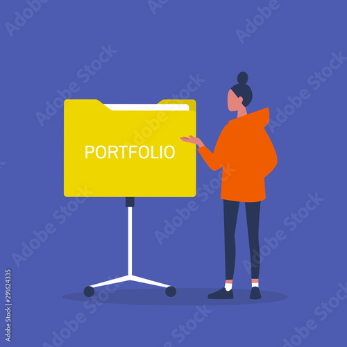 Portfolio review. Young female character presenting her experience at work. HR. Millennial lifestyle. Flat editable vector illustration, clip art