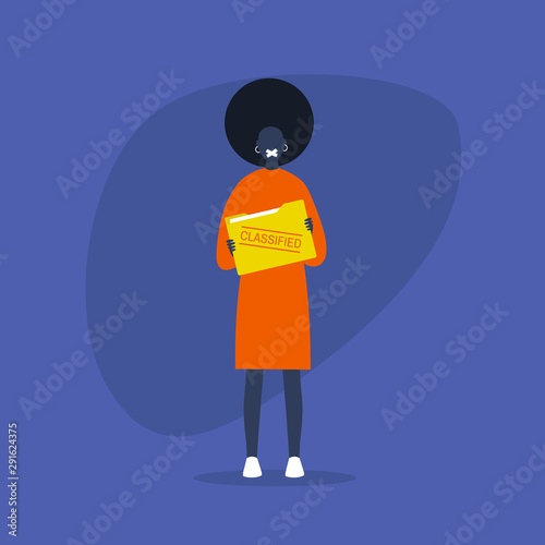 Non-disclosure agreement. Classified information. Young black female character with a taped mouth holding a folder with documents