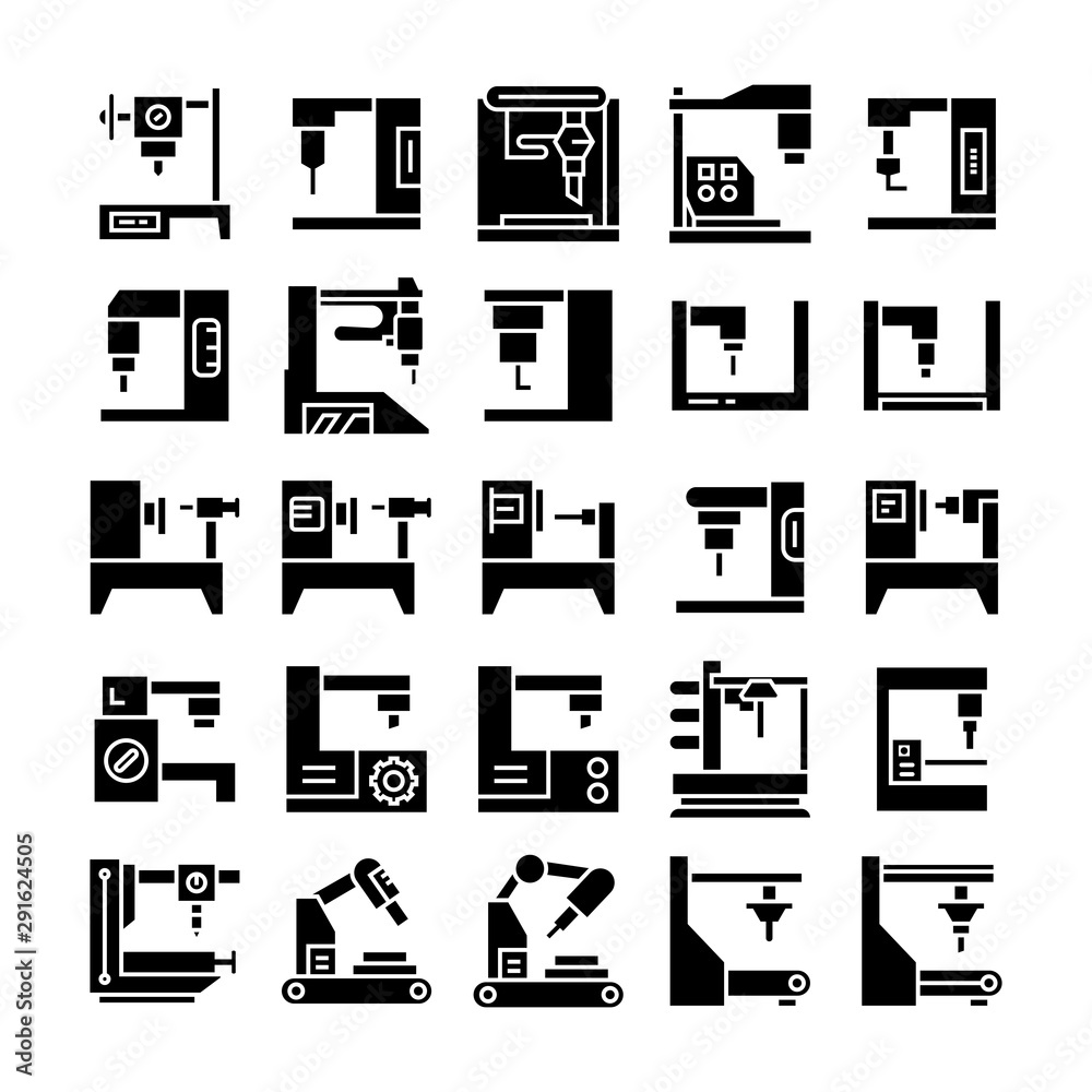 robot machine in manufacturing process icons set robot machine in manufacturing process icons set