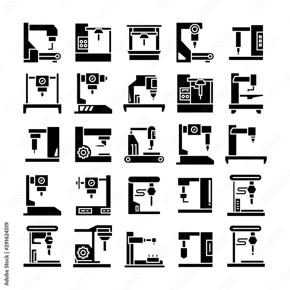 robot machine in manufacturing process icons set robot machine in manufacturing process icons set